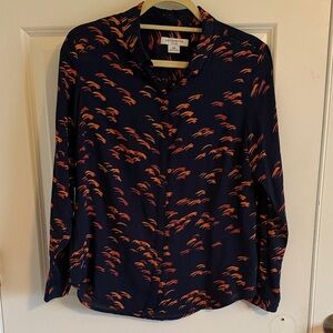 Vintage Liz Claiborne Women’s Button-Down Paintbrush Print Navy Shirt MP